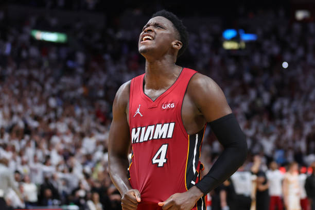 Victor Oladipo of the Miami Heat celebrates after defeating the Atlanta Hawks 97-94 in Game Five of the Eastern Conference First Round to advance to...
