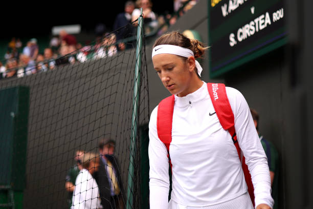 Victoria Azarenka walks onto court 1 for their second round match with Sorana Cirstea on day four of Wimbledon at The All England Lawn Tennis and...
