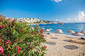 View of Bodrum Beach, Aegean sea, traditional white houses, flowers, marina, sailing boats, yachts in Bodrum city town Turkey.