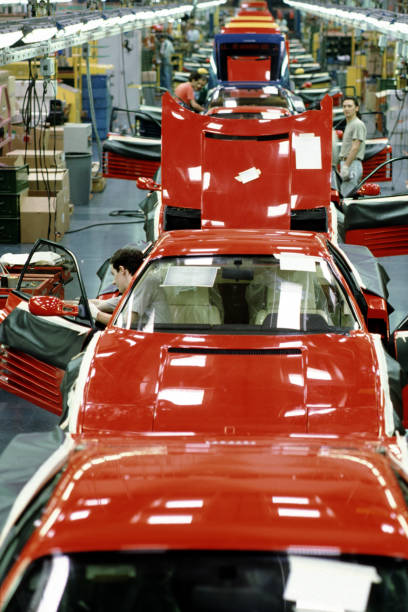 View of the assembly line of the Ferrari Testarossa Pininfarina on May, 1990 in San Giorgio Canavese, Turin - Italy.