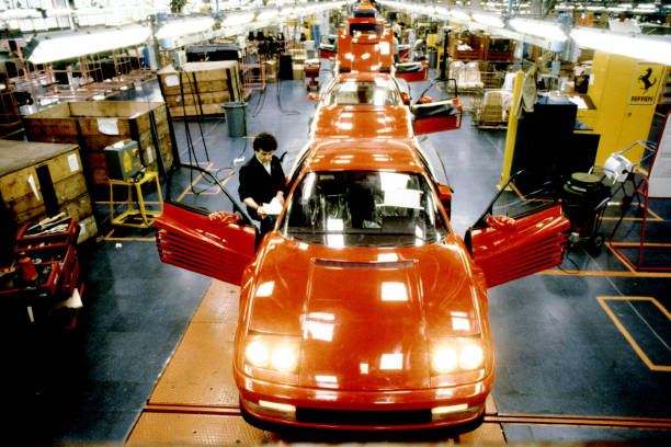 View of the assembly line of the Ferrari Testarossa Pininfarina on May, 1990 in San Giorgio Canavese, Turin - Italy.