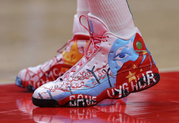 View of the shoes worn by Enes Kanter of the Boston Celtics against the Atlanta Hawks during the first half at State Farm Arena on November 17, 2021...