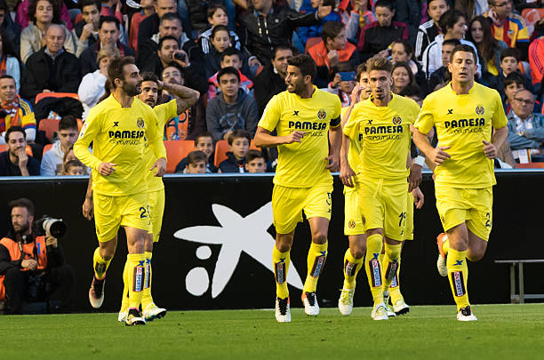 Villarreal CF players celebrates the first goal scored by Samu Garcia during the Spanish League Match match at Estadio Mestalla Valencia on 1May of...