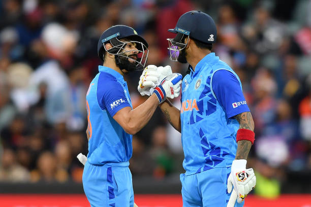 Virat Kohli and KL Rahul of India embrace each other during the ICC Men's T20 World Cup match between India and Bangladesh at Adelaide Oval on...