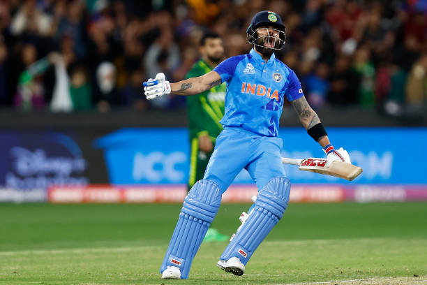 Virat Kohli of India celebrates during the ICC Men's T20 World Cup match between India and Pakistan at Melbourne Cricket Ground on October 23, 2022...