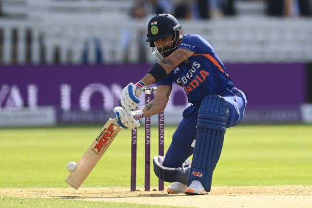 Virat Kohli of India hits out during the second Royal London ODI at Lord's Cricket Ground on July 14, 2022 in London, England.