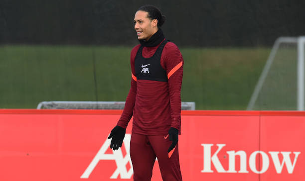 Virgil van Dijk of Liverpool during a training session at AXA Training Centre on December 24, 2021 in Kirkby, England.