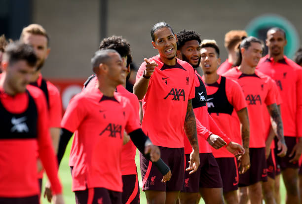 Virgil van Dijk of Liverpool during a training session at AXA Training Centre on August 04, 2022 in Kirkby, England.