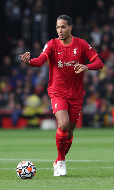 Virgil van Dijk of Liverpool during the Premier League match between Watford and Liverpool at Vicarage Road on October 16, 2021 in Watford, England.
