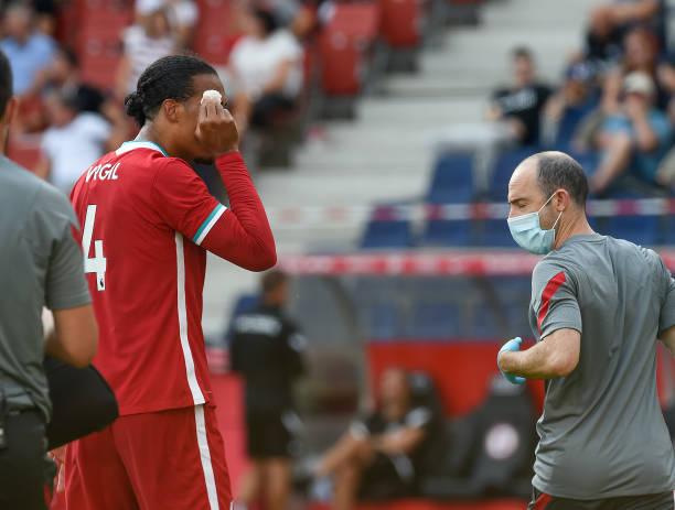 Virgil van Dijk of Liverpool is in actionjured during the preseason friendly match between Liverpool and Salzburg at The Red Bull Stadium on August...