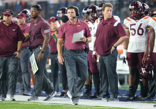 Virginia Tech Hokies Head Coach Brent Pry looks on from the sidelines during a college football game between the Virginia Tech Hokies and the Old...