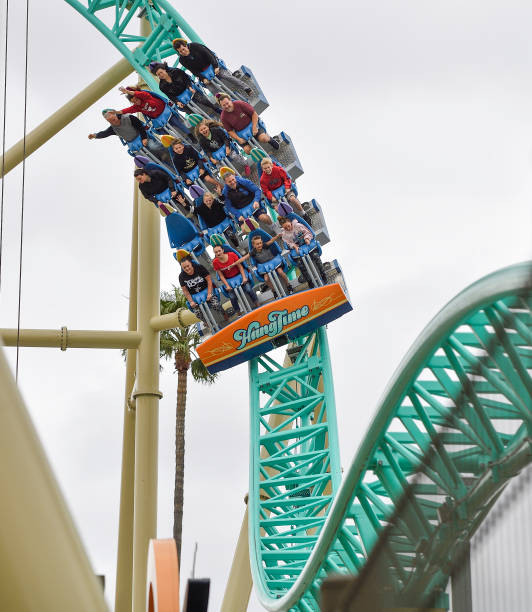 Roller coaster car full of Knott's Berry Farm guests