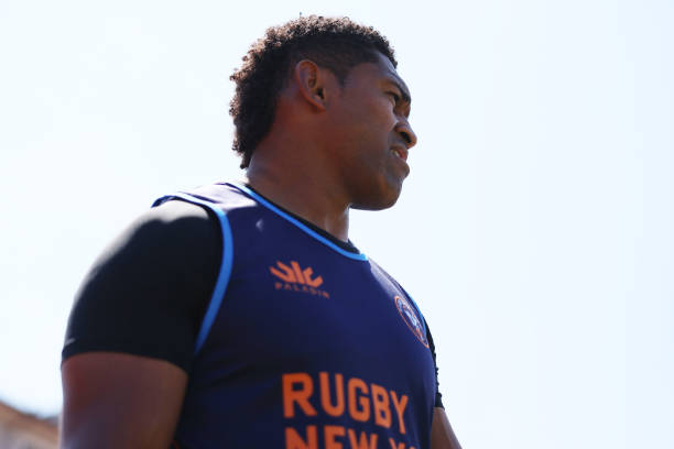 HOBOKEN, NEW JERSEY - MAY 15: Waisake Naholo #14 of Rugby New York looks on prior to the Major League Rugby match against the Seattle Seawolves at JFK Stadium on May 15, 2022 in Hoboken, New Jersey. (Photo by Dustin Satloff/Getty Images for Rugby New York)