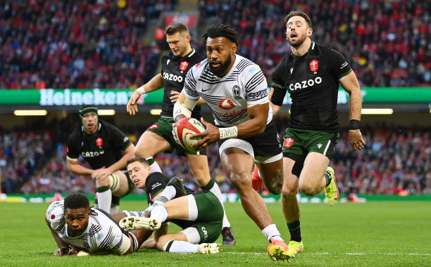 CARDIFF, WALES - NOVEMBER 14: Waisea Nayacalevu of Fiji breaks away to score their side's first try during the Autumn Nations Series match between Wales and Fiji at Principality Stadium on November 14, 2021 in Cardiff, Wales. (Photo by Dan Mullan/Getty Images)