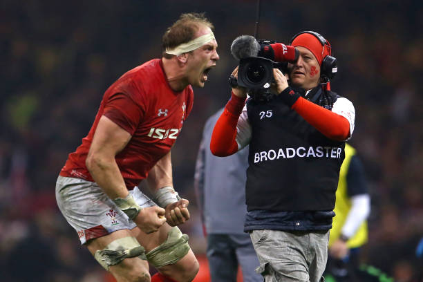 Wales' lock Alun Wyn Jones celebrates their win on the pitch after the Six Nations international rugby union match between Wales and England at the Principality Stadium in Cardiff, south Wales, on February 23, 2019. - Wales won the game 21-13. (Photo by Geoff CADDICK / AFP) / RESTRICTED TO EDITORIAL USE. Use in books subject to Welsh Rugby Union (WRU) approval. (Photo credit should read GEOFF CADDICK/AFP via Getty Images)