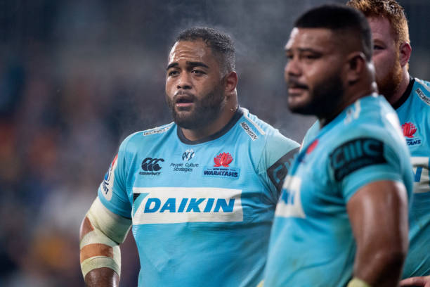 SYDNEY, AUSTRALIA - JUNE 08: Waratahs player Chris Talakai (18) waits for a referee decision at week 17 of Super Rugby between NSW Waratahs and Brumbies on June 08, 2019 at Western Sydney Stadium in NSW, Australia. (Photo by Speed Media/Icon Sportswire via Getty Images)