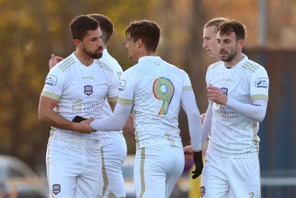 Waterford , Ireland - 15 April 2022; Manu Dimas of Galway United celebrates with teammates after scoring his side's first goal during the SSE...