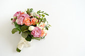 wedding bouquet with flowers roses on a white background with copy space. minimal concept. mockup