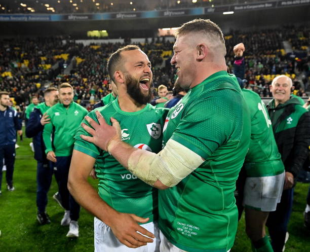 Wellington , New Zealand - 16 July 2022; Jamison Gibson Park and Tadhg Furlong of Ireland after their side's victory in the Steinlager Series match between the New Zealand and Ireland at Sky Stadium in Wellington, New Zealand. (Photo By Brendan Moran/Sportsfile via Getty Images)