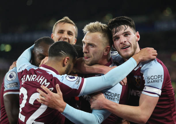West Ham United's Pablo Fornals is congratulated after scoring his sides second goal during the Premier League match between West Ham United and...