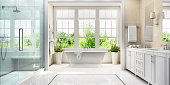 White bathroom with bath and large window