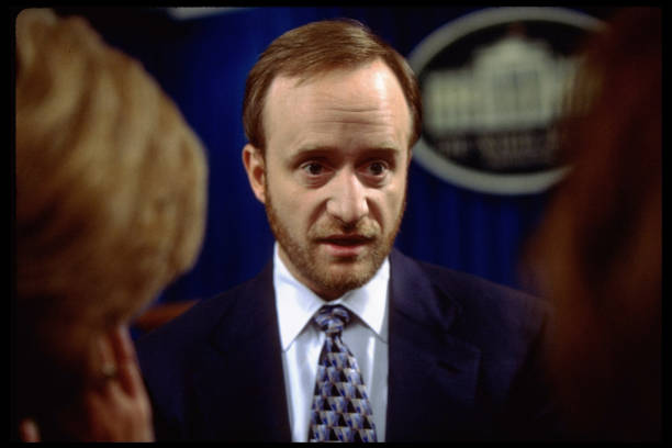 White House aide Paul Begala in White House press room during briefing on alleged Starr Grand Jury leaks.