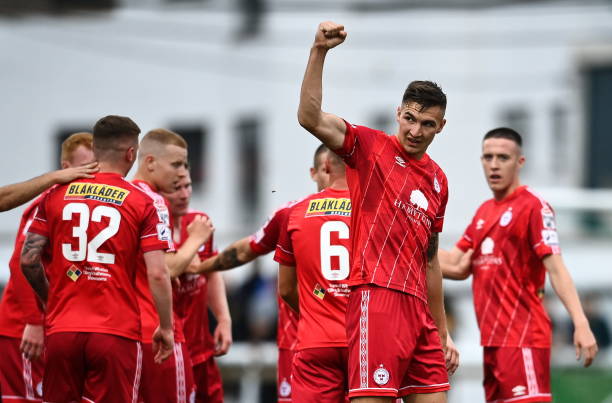 Wicklow , Ireland - 29 July 2022; Sean Boyd of Shelbourne celebrates after scoring his side's second goal during the Extra.ie FAI Cup First Round...