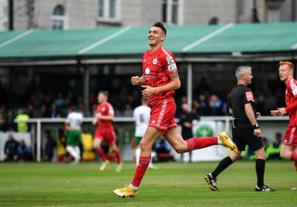 Wicklow , Ireland - 29 July 2022; Sean Boyd of Shelbourne celebrates after scoring his side's second goal during the Extra.ie FAI Cup First Round...