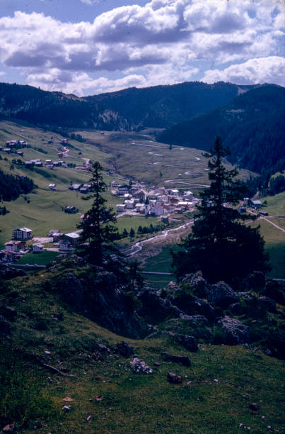 wide shot of Corvara, Italy, 1960s, Dolomites