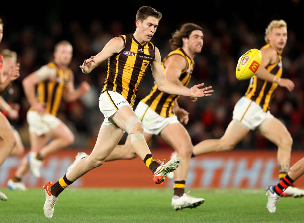 Will Day of the Hawks kicks the ball during the round eight AFL match between the Essendon Bombers and the Hawthorn Hawks at Marvel Stadium on May...