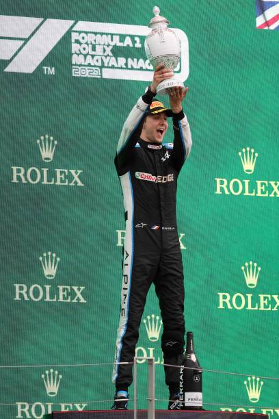 Esteban Ocon celebrating his first victory at the Hungarian Grand Prix 2021