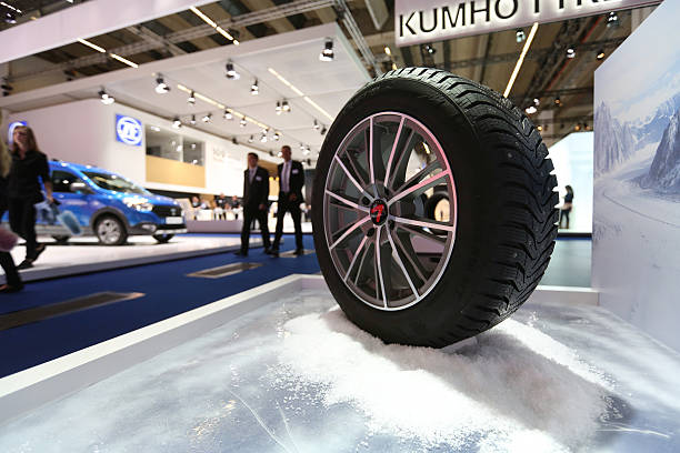 winter weather tire sits on display on the kumho tire co exhibition picture