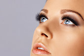 Woman face with long eyelashes and smokey eyes make-up