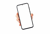 Woman hand holding cellphone with empty screen on white background isolated stock photo