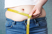 Woman's hand measure her stomach with a tape measures, overweight concept
