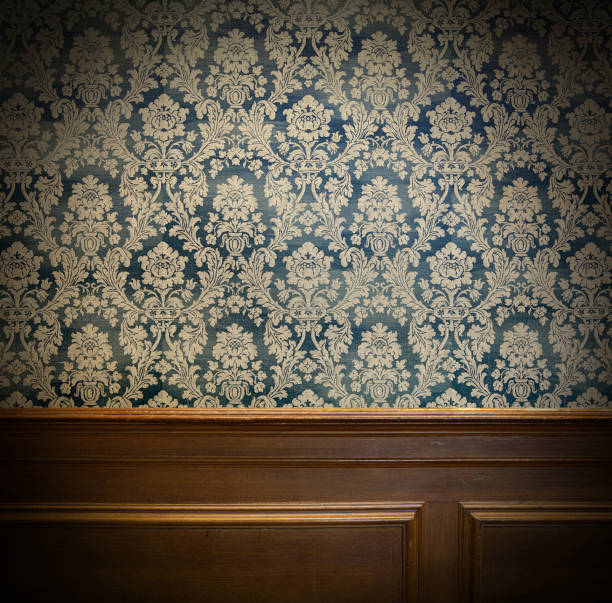 wood panel and vintage wallpaper design - wallpapers for walls room stock pictures, royalty-free photos & images