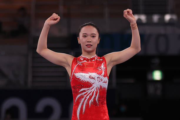Xueying Zhu of Team China competes in the Women's Trampoline Final on day seven of the Tokyo 2020 Olympic Games at Ariake Gymnastics Centre on July...