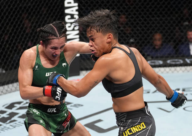 Yazmin Jauregui of Mexico punches Iasmin Lucindo of Brazil in a strawweight fight during the UFC Fight Night event at Pechanga Arena on August 13,...
