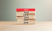 Years Starting From 2016 to 2021 Written Wood Blocks Sitting on Wood Surface in Front a Defocused Background