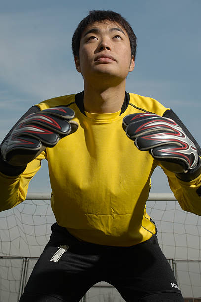 Young male soccer goalie standing in front of goal, low angle view