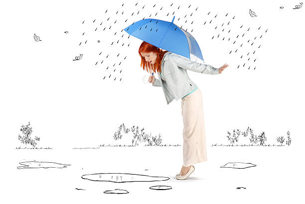 Young Woman Standing in Cartoon Rain and Puddles.