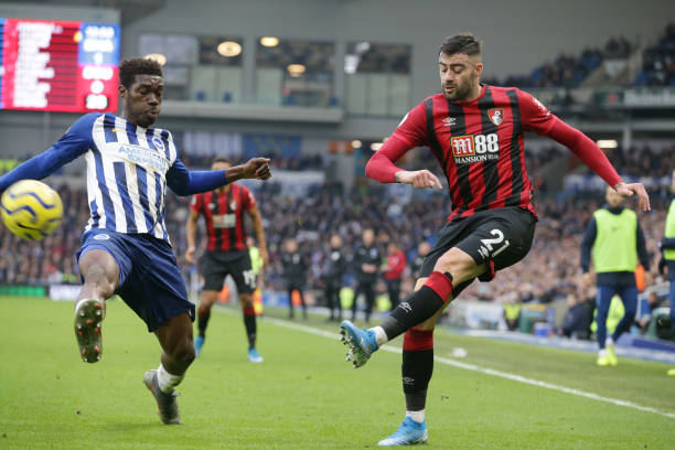 Yves Bissouma of Brighton Hove Albion and Diego Rico of Bournemouth during the Premier League match between Brighton Hove Albion and AFC Bournemouth...