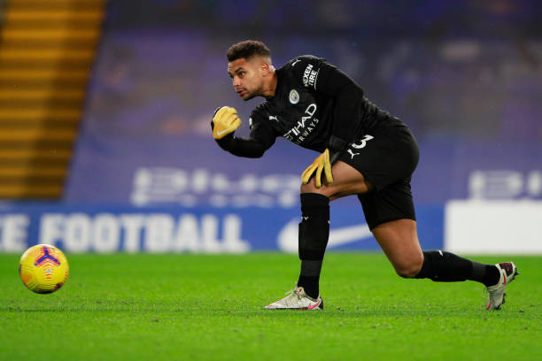 Zack Steffen of Manchester City rolls the ball during the Premier League match between Chelsea and Manchester City at Stamford Bridge on January 03,...