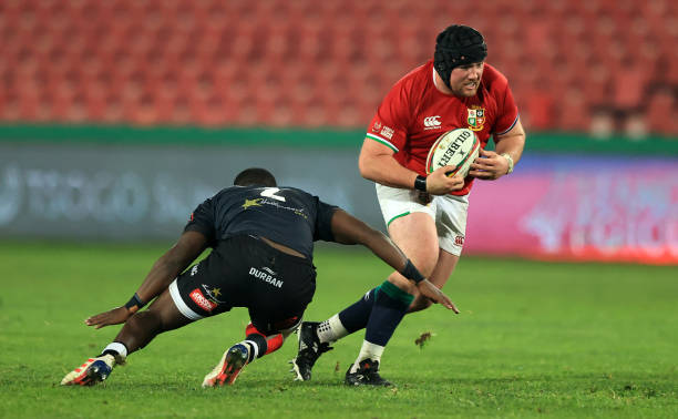 JOHANNESBURG, SOUTH AFRICA - JULY 07: Zander Fagerson of The British and Irish Lions goes past Fezokuhle Mbatha of Cell C Sharks during the Cell C Sharks v British & Irish Lions tour match at Emirates Airline Park on July 07, 2021 in Johannesburg, South Africa. (Photo by David Rogers/Getty Images)