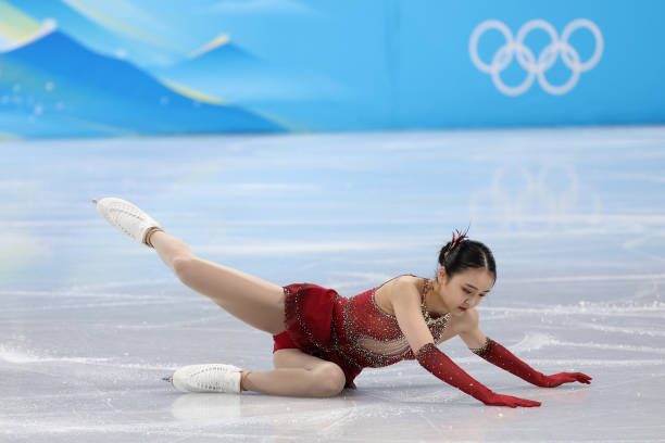 Zhu Yi of Team China falls during the Women Single Skating Free Skating Team Event on day three of the Beijing 2022 Winter Olympic Games at Capital...