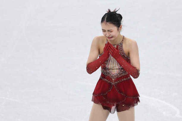 Zhu Yi of Team China reacts during the Women Single Skating Free Skating Team Event on day three of the Beijing 2022 Winter Olympic Games at Capital...