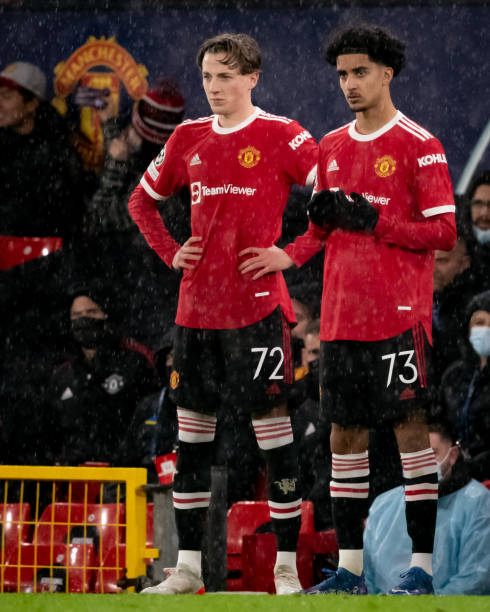 Zidane Iqbal and Charlie Savage of Manchester United look on during the UEFA Champions League group F match between Manchester United and BSC Young...