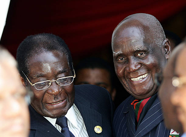 Zimbabwe's embattled leader Robert Mugabe Zambia's Expresident Kenneth Kaunda attend the opening of the 27th SADC Ordinary Summit of The Heads of...
