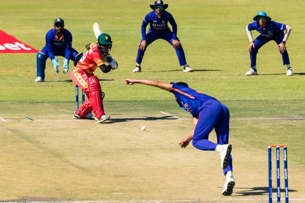 Zimbabwe's Tadiwanashe Marumani plays a shot during the first one-day international cricket match between Zimbabwe and India at the at the Harare...