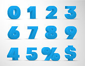 3d blue arabic numerals realistic set. 0, 1, 2, 3, 4, 5, 6, 7, 8, 9 digits, percent, dollar sign.